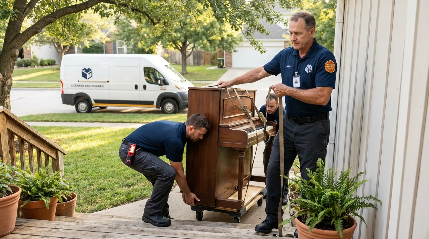 Licensed piano movers securing grand piano in Edgewood, MD