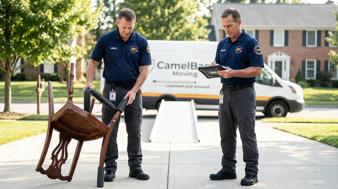 Movers inspecting furniture for damage prevention before loading in Edgewood, MD