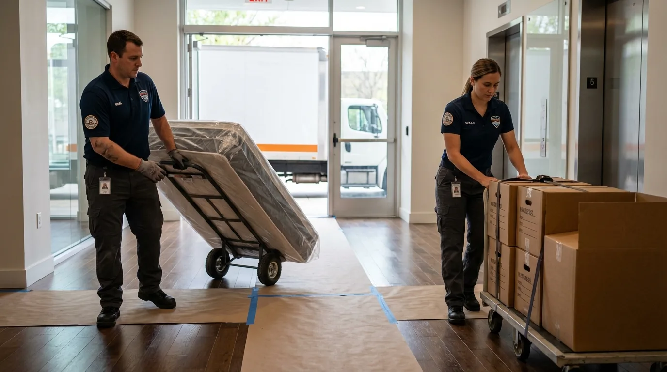 Professional apartment movers loading elevator in Edgewood, MD